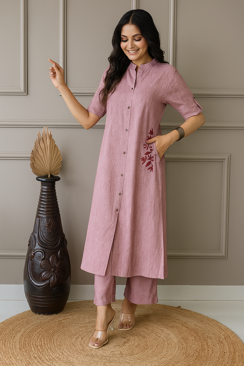 Light Pink Embroidered Cotton Kurta and Palazzo Set