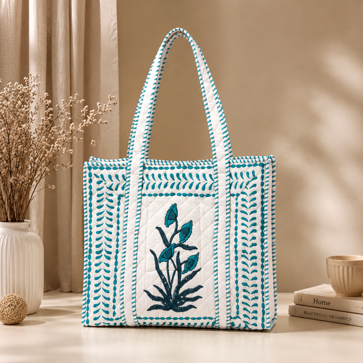 Block Printed Quilted Tote Bag