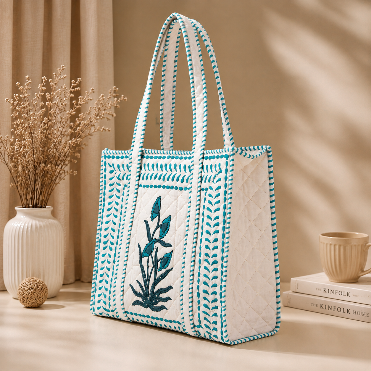 Block Printed Quilted Tote Bag