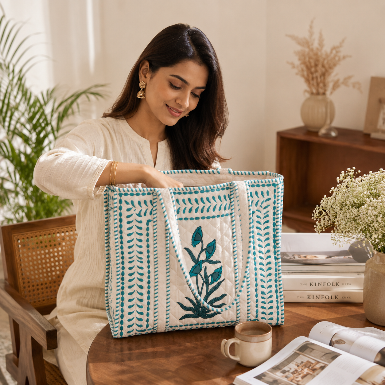 Block Printed Quilted Tote Bag