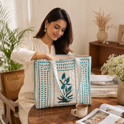 Block Printed Quilted Tote Bag
