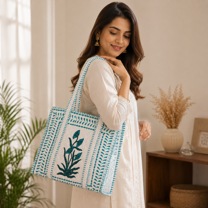 Block Printed Quilted Tote Bag