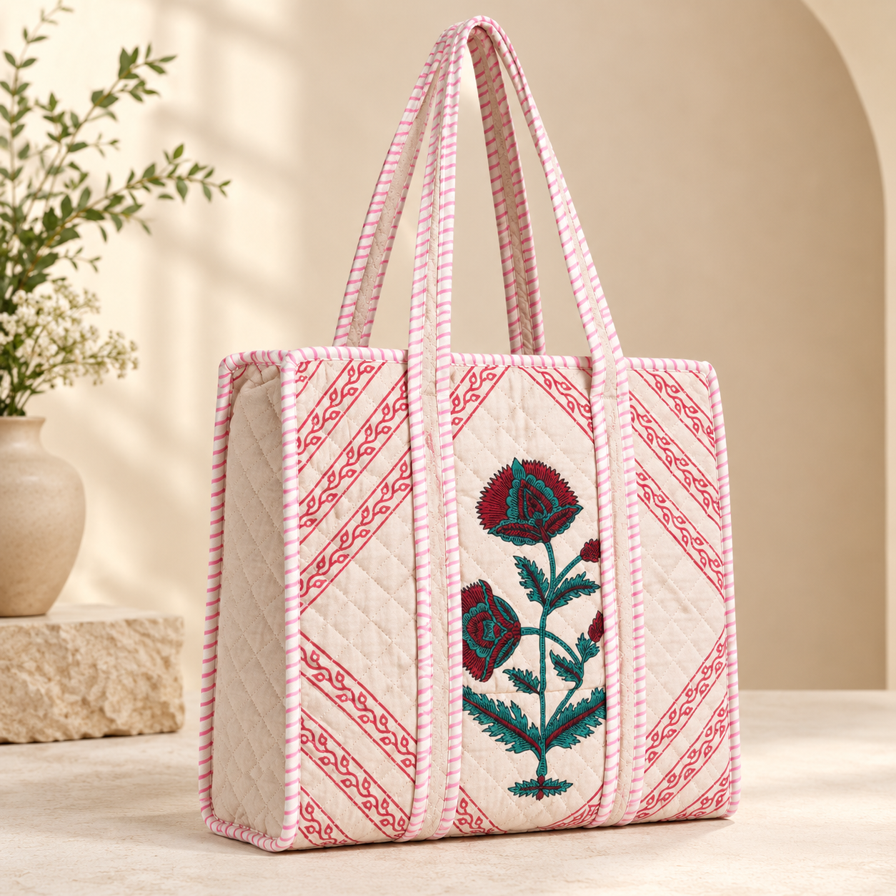 Block Printed Quilted Tote Bag