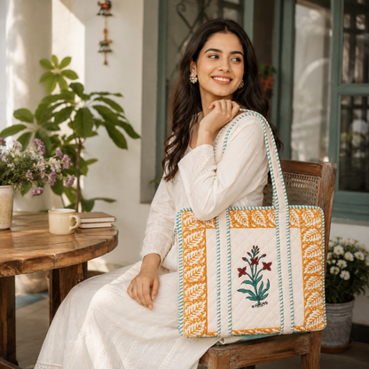 Block Printed Quilted Tote Bag