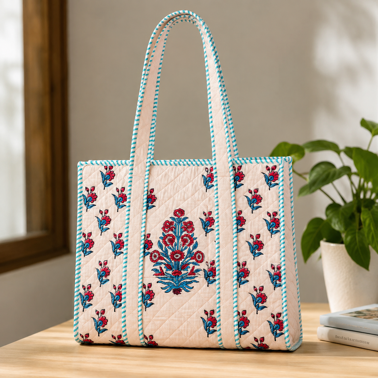 Block Printed Quilted Tote Bag