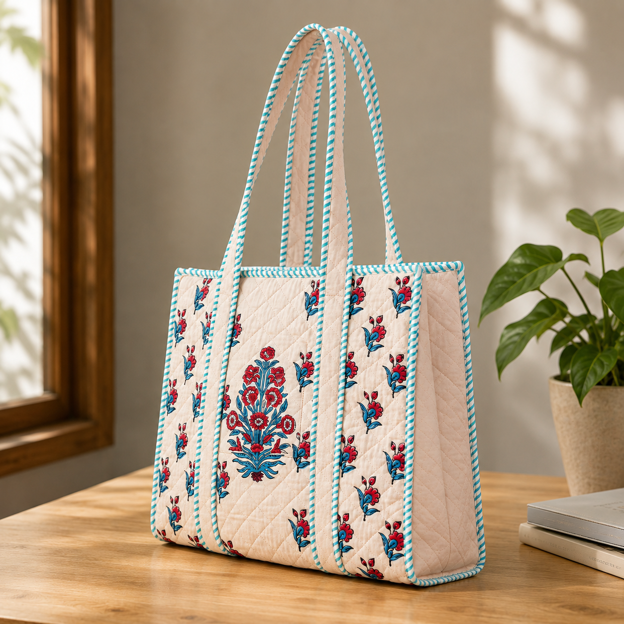 Block Printed Quilted Tote Bag