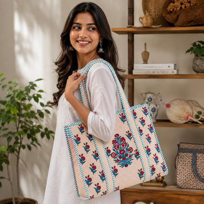 Block Printed Quilted Tote Bag