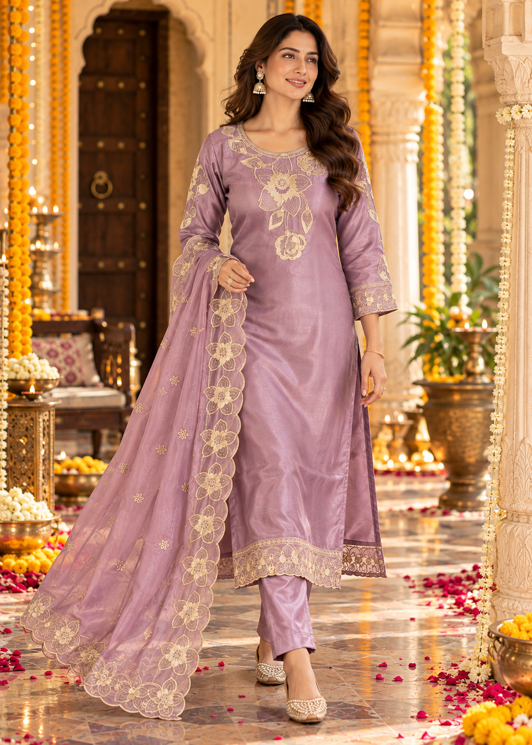 Purple Embroidered Roman Glass Silk Suit Set with Dupatta