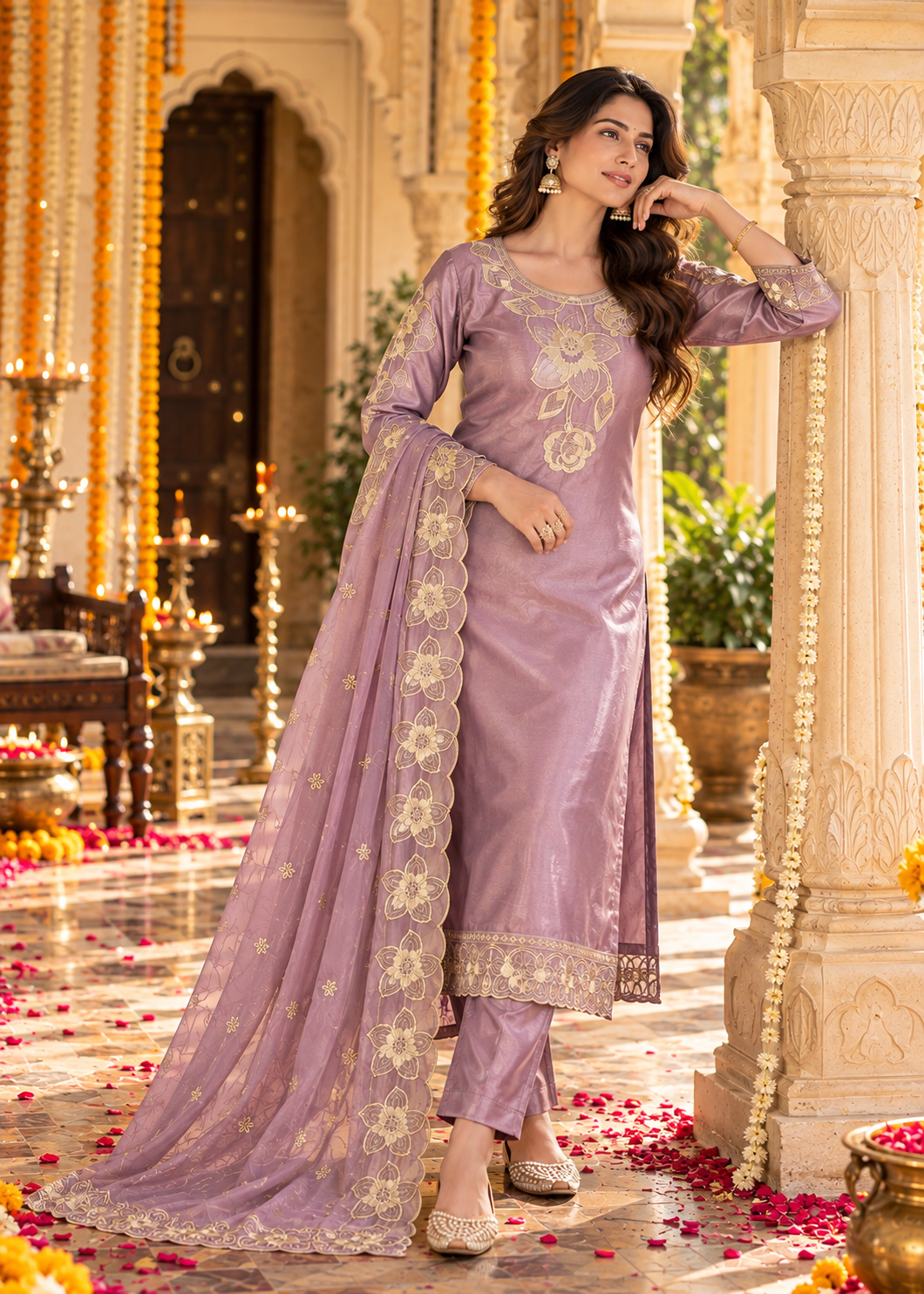 Purple Embroidered Roman Glass Silk Suit Set with Dupatta