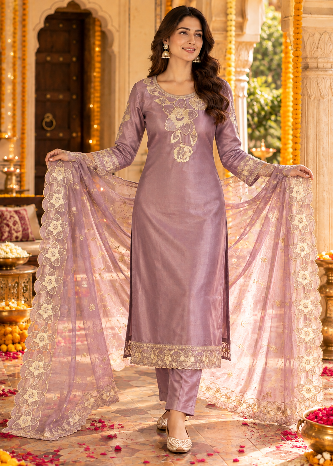 Purple Embroidered Roman Glass Silk Suit Set with Dupatta