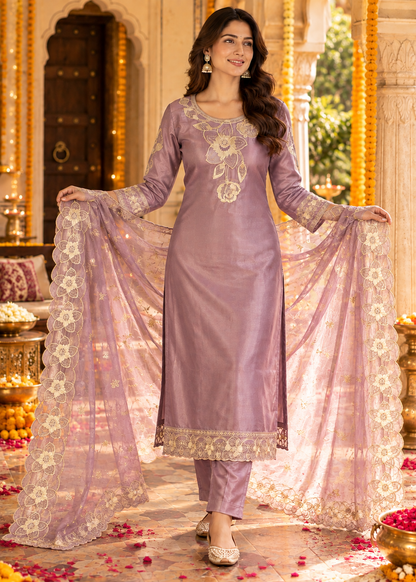 Purple Embroidered Roman Glass Silk Suit Set with Dupatta