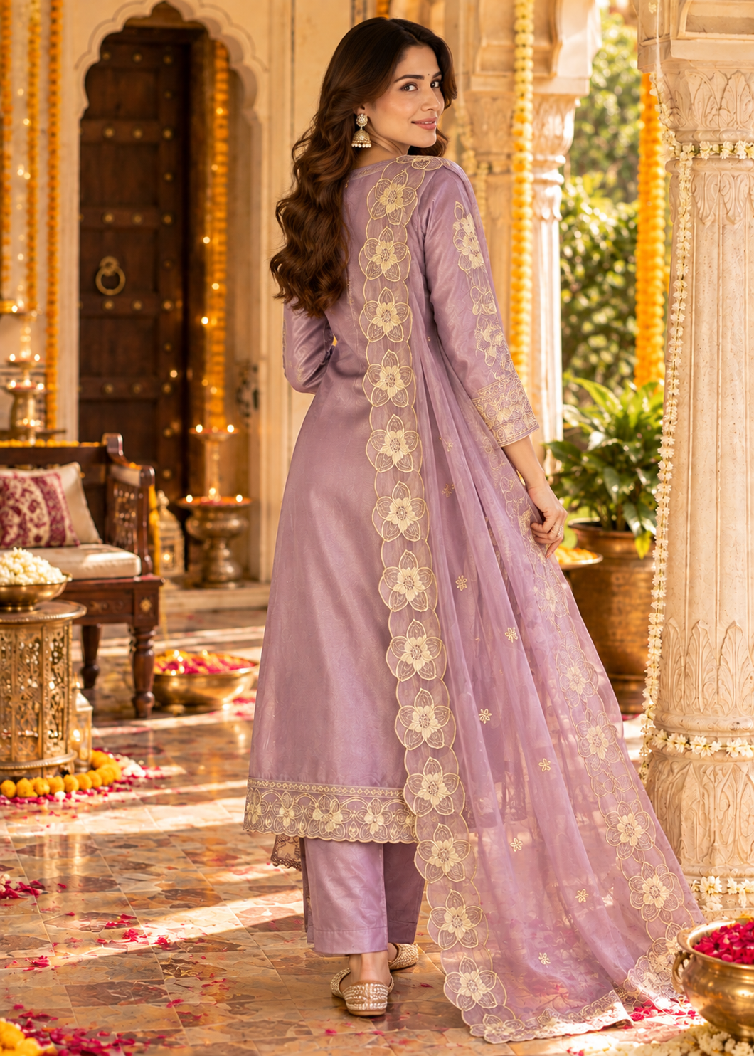 Purple Embroidered Roman Glass Silk Suit Set with Dupatta