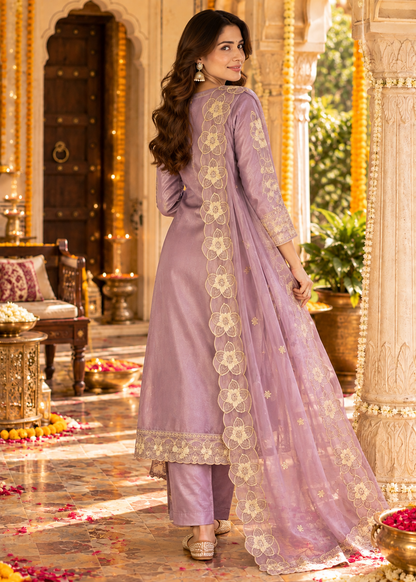 Purple Embroidered Roman Glass Silk Suit Set with Dupatta