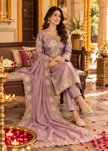Purple Embroidered Roman Glass Silk Suit Set with Dupatta