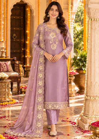 Purple Embroidered Roman Glass Silk Suit Set with Dupatta