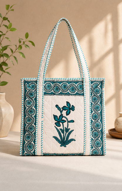 Block Printed Quilted Tote Bag