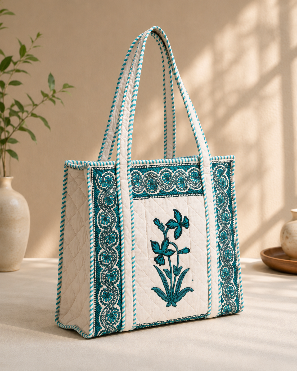 Block Printed Quilted Tote Bag
