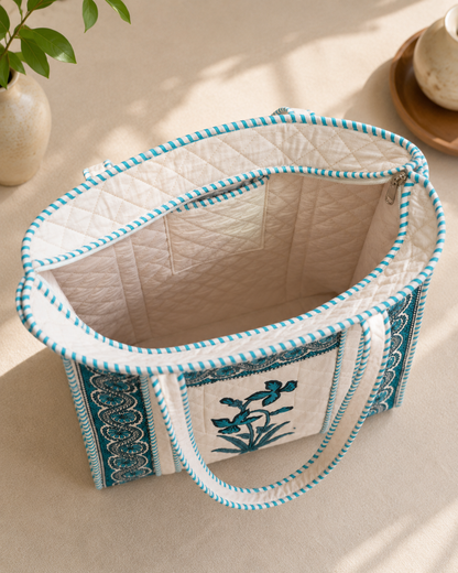 Block Printed Quilted Tote Bag