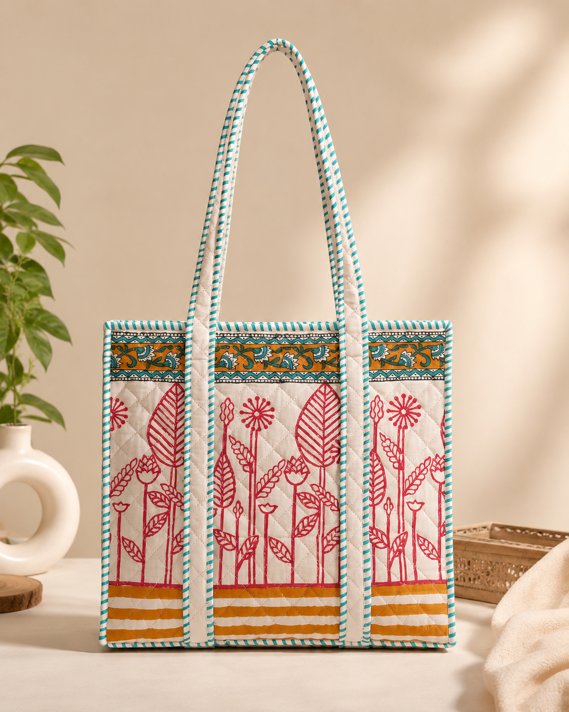 Block Printed Quilted Tote Bag