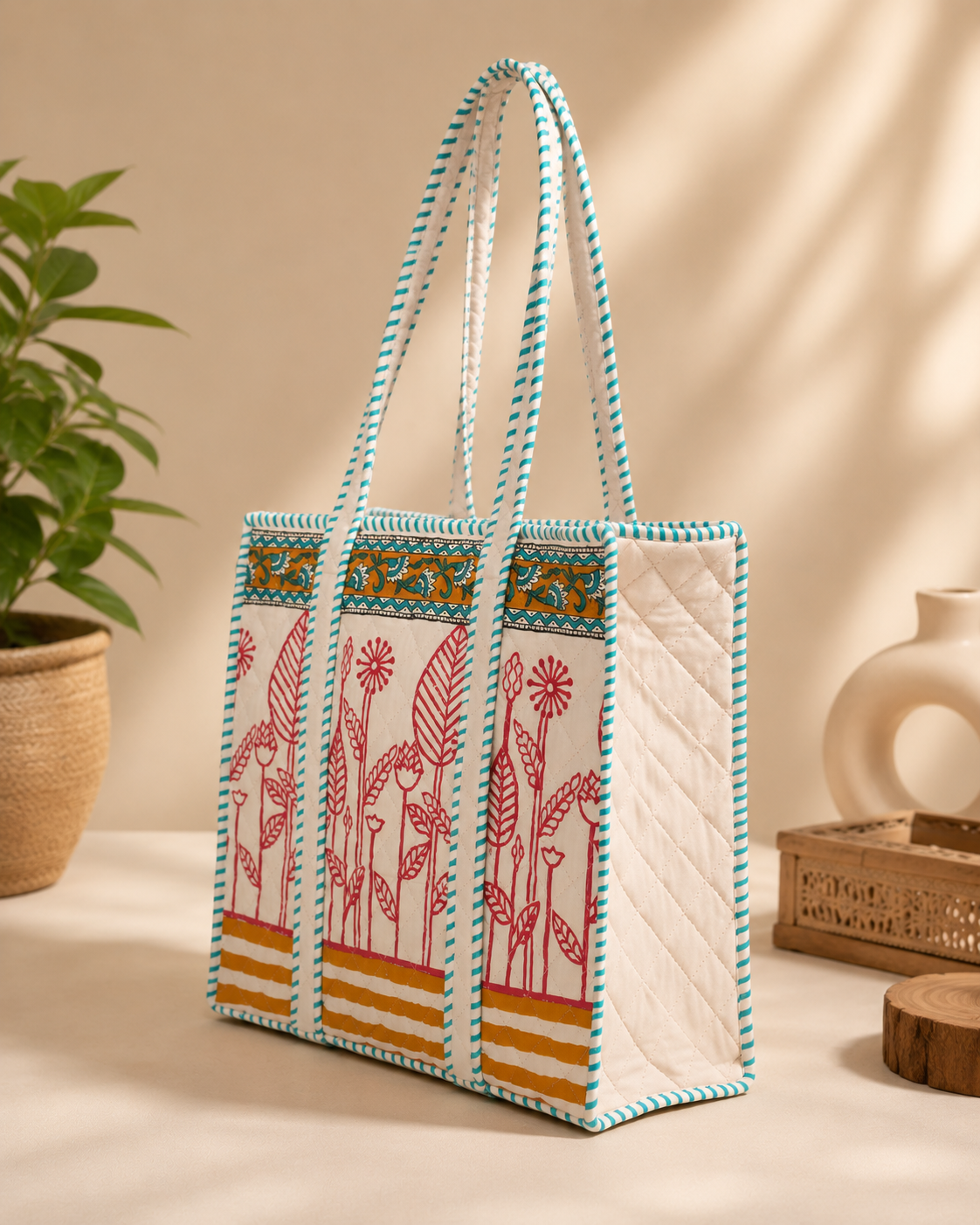 Block Printed Quilted Tote Bag
