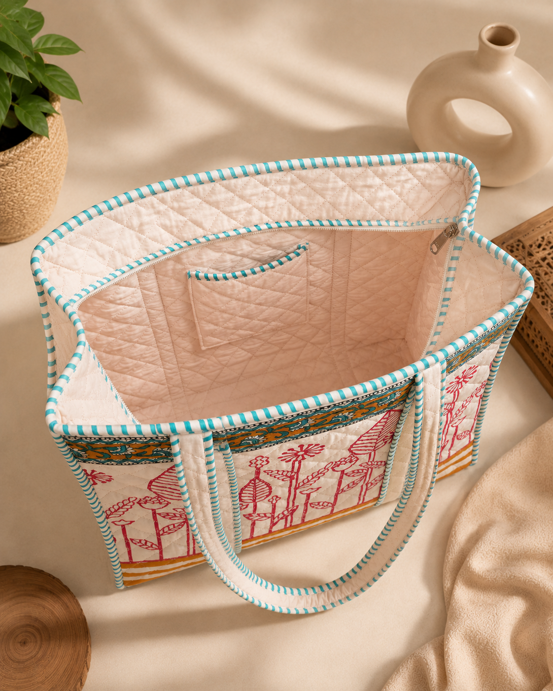 Block Printed Quilted Tote Bag