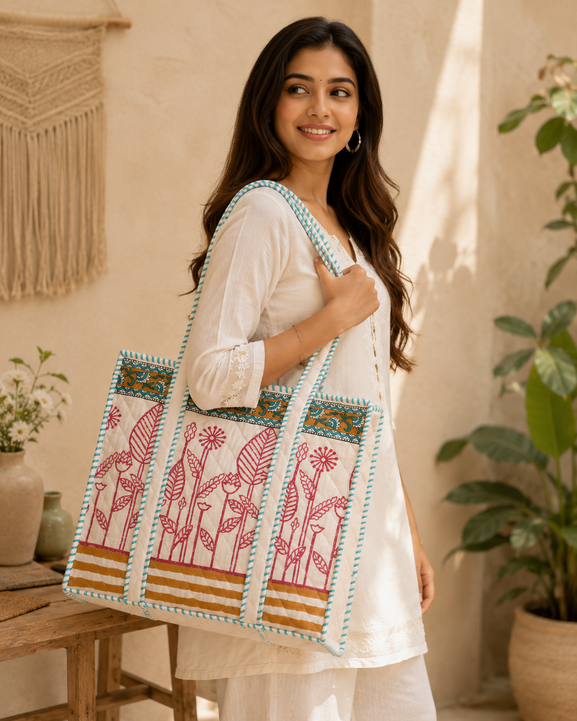 Block Printed Quilted Tote Bag