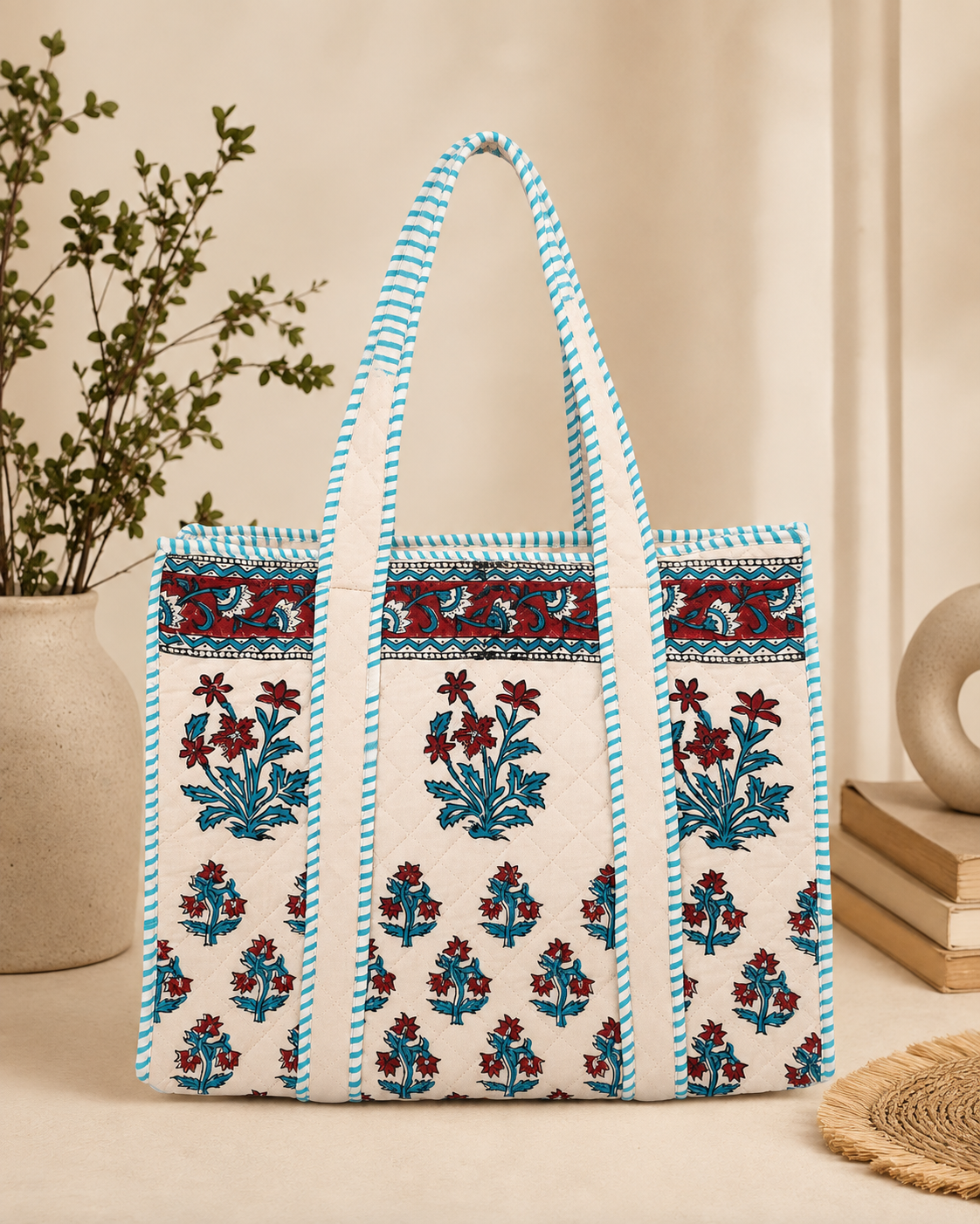 Block Printed Quilted Tote Bag