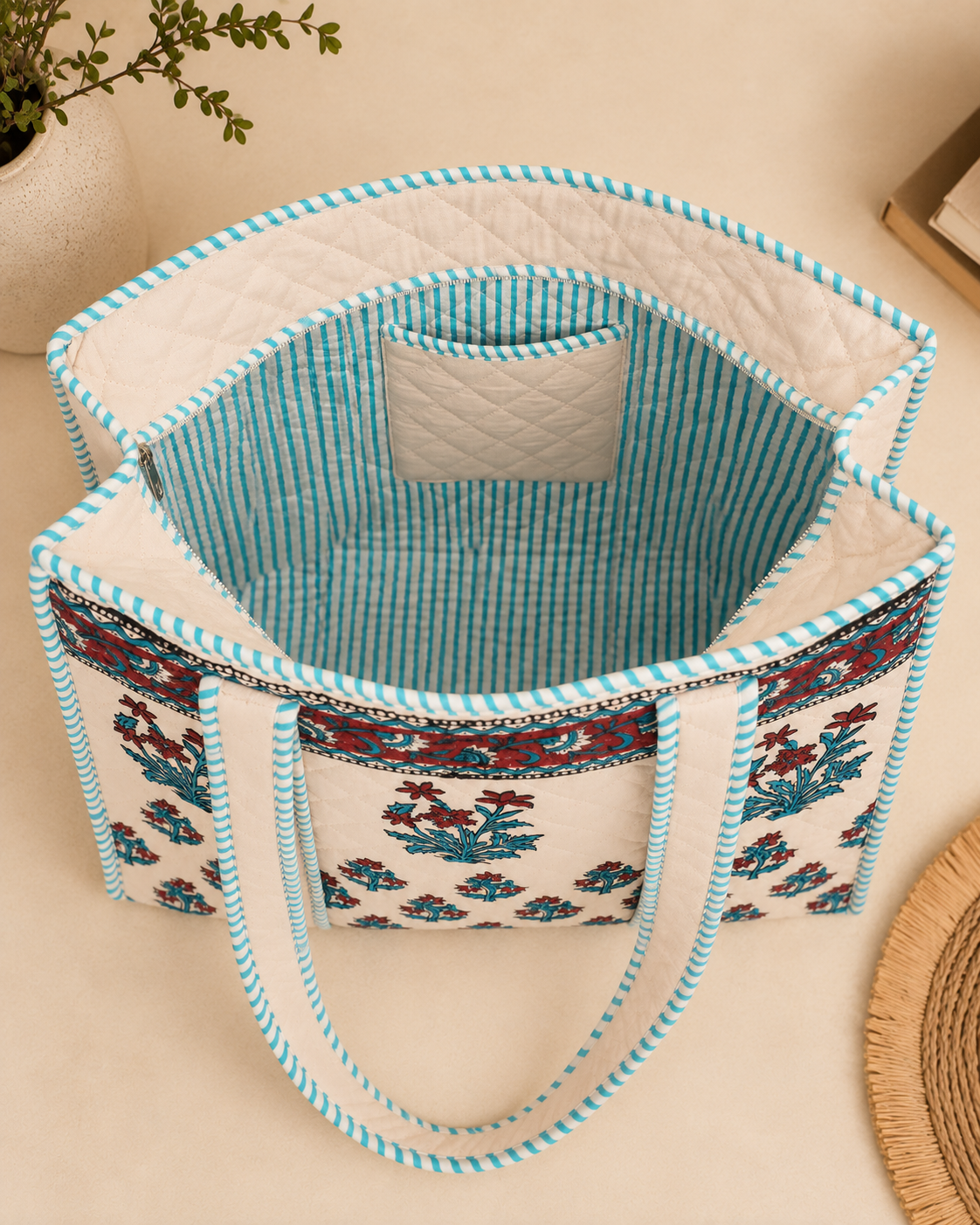 Block Printed Quilted Tote Bag