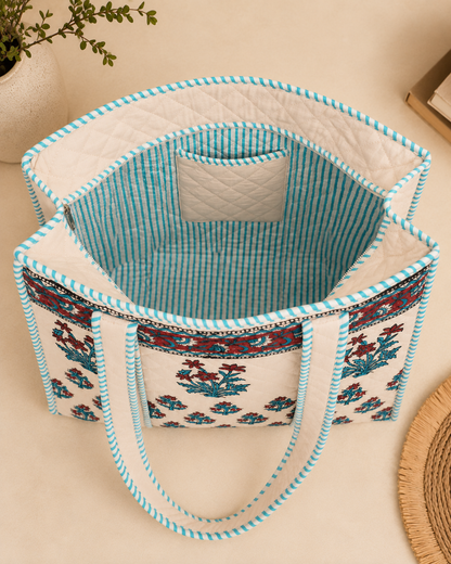 Block Printed Quilted Tote Bag