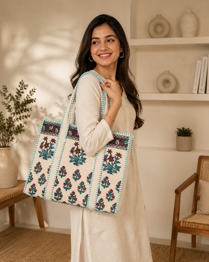 Block Printed Quilted Tote Bag