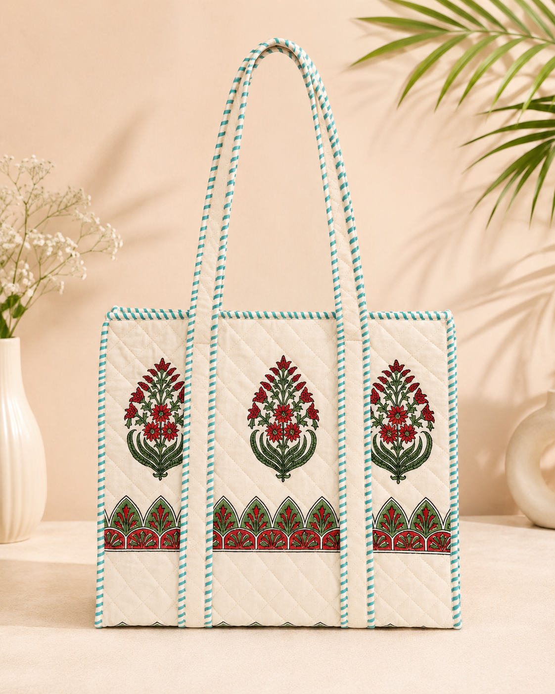 Block Printed Quilted Tote Bag
