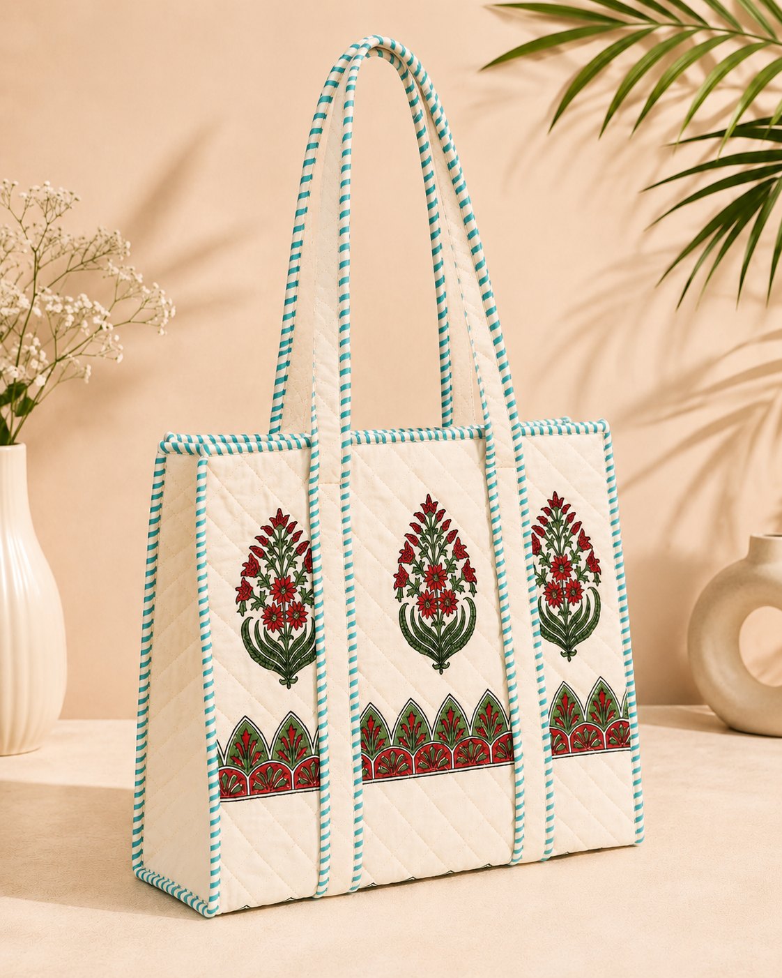 Block Printed Quilted Tote Bag