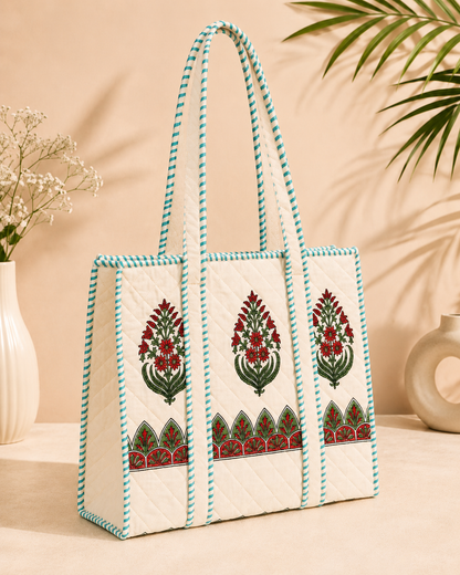 Block Printed Quilted Tote Bag