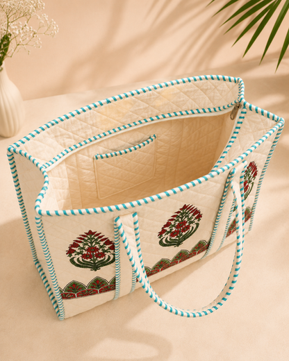 Block Printed Quilted Tote Bag