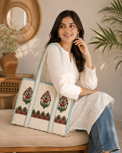Block Printed Quilted Tote Bag