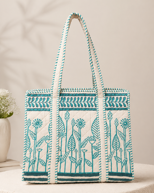 Block Printed Quilted Tote Bag