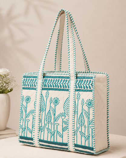 Block Printed Quilted Tote Bag