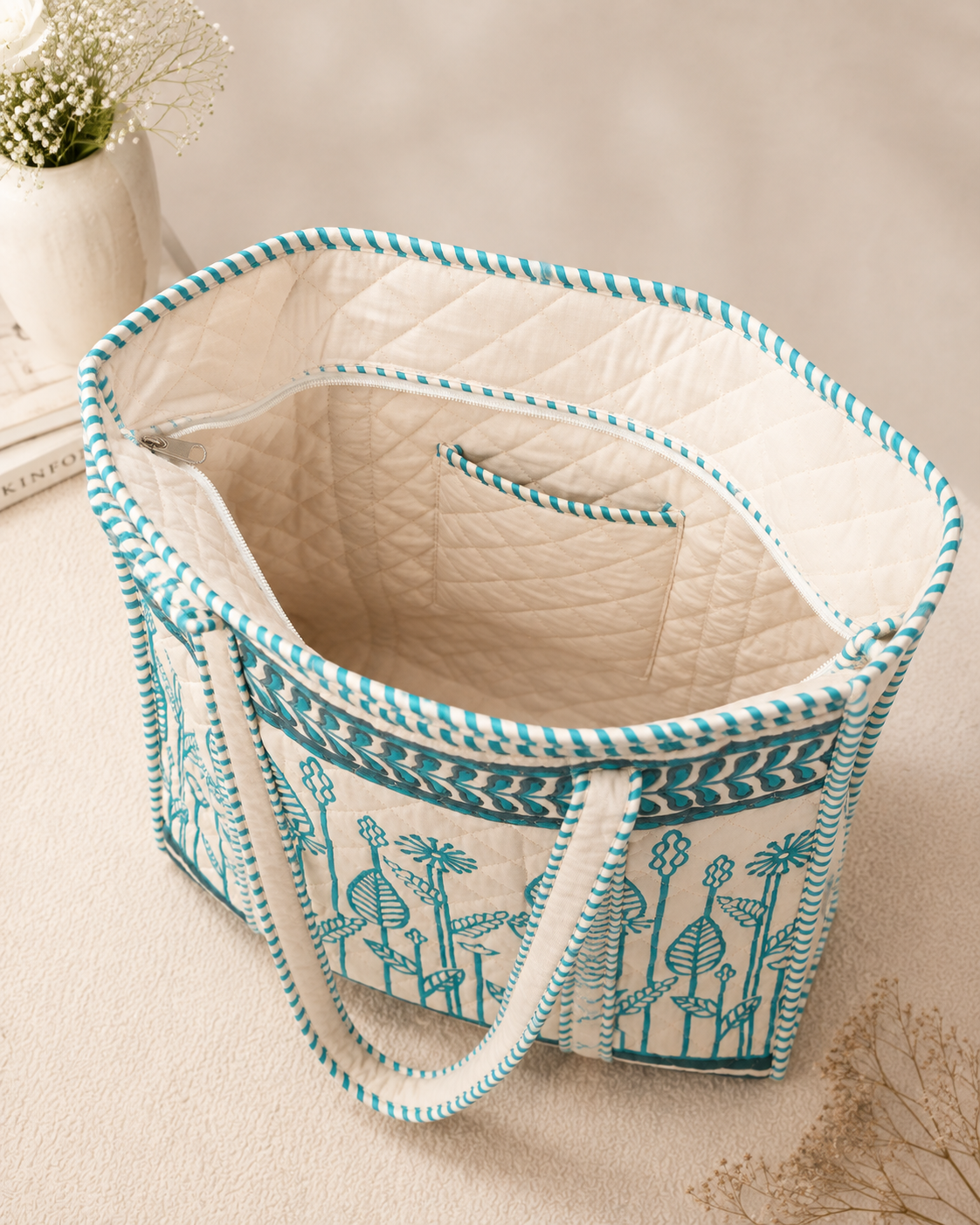 Block Printed Quilted Tote Bag