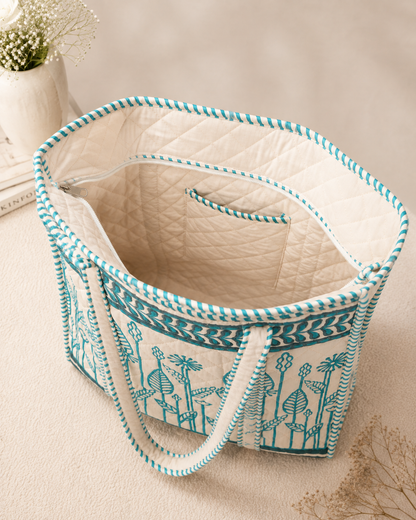 Block Printed Quilted Tote Bag