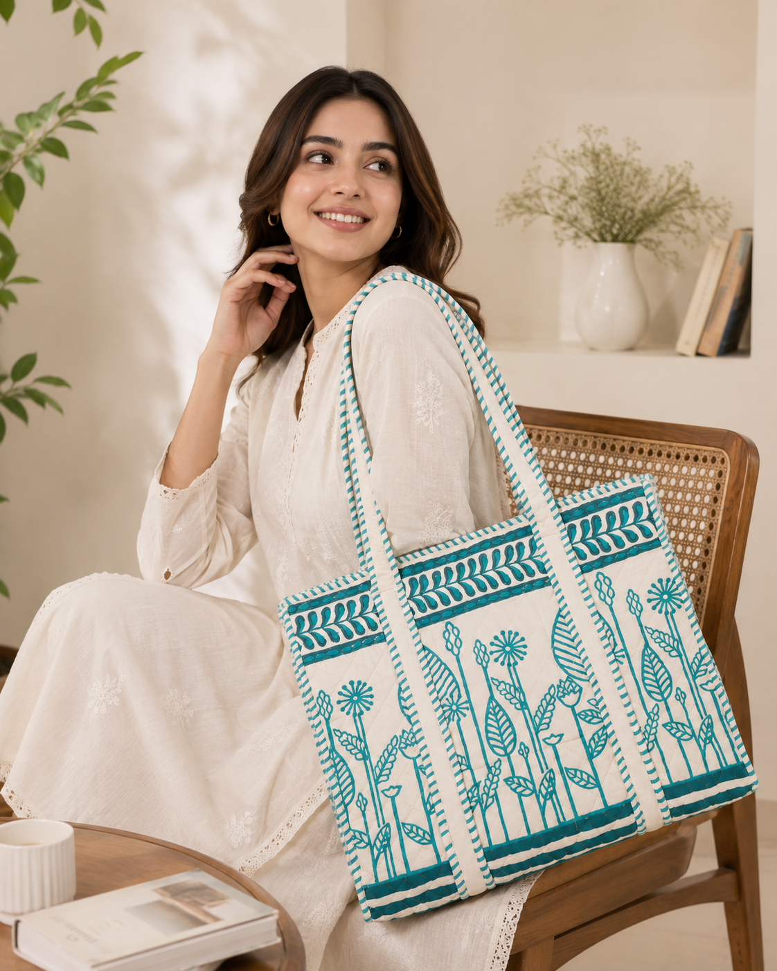 Block Printed Quilted Tote Bag