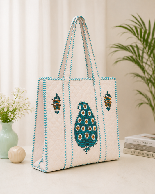 Block Printed Quilted Tote Bag
