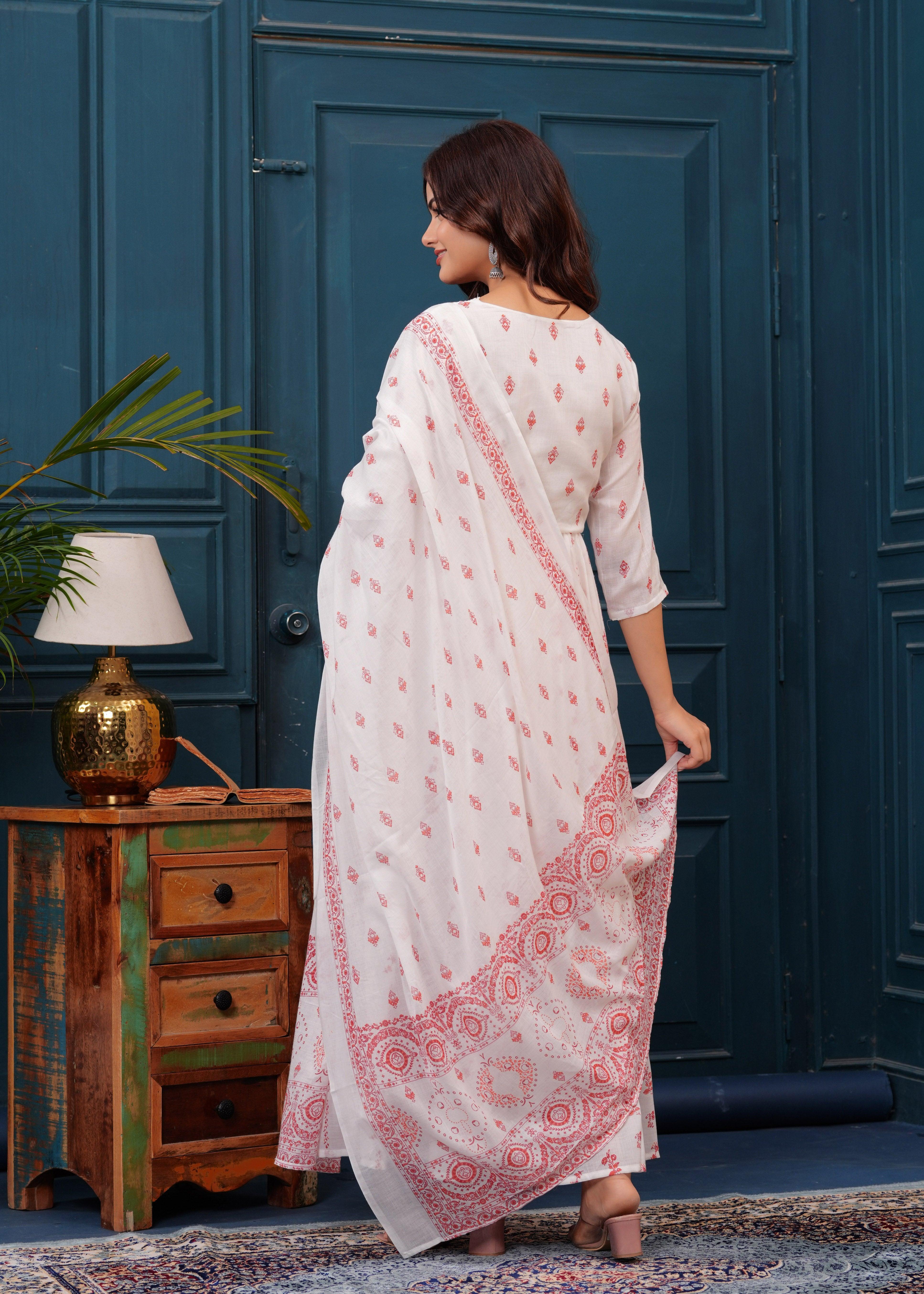 White Red Embroidered Mulmul Anarkali Gown with Dupatta