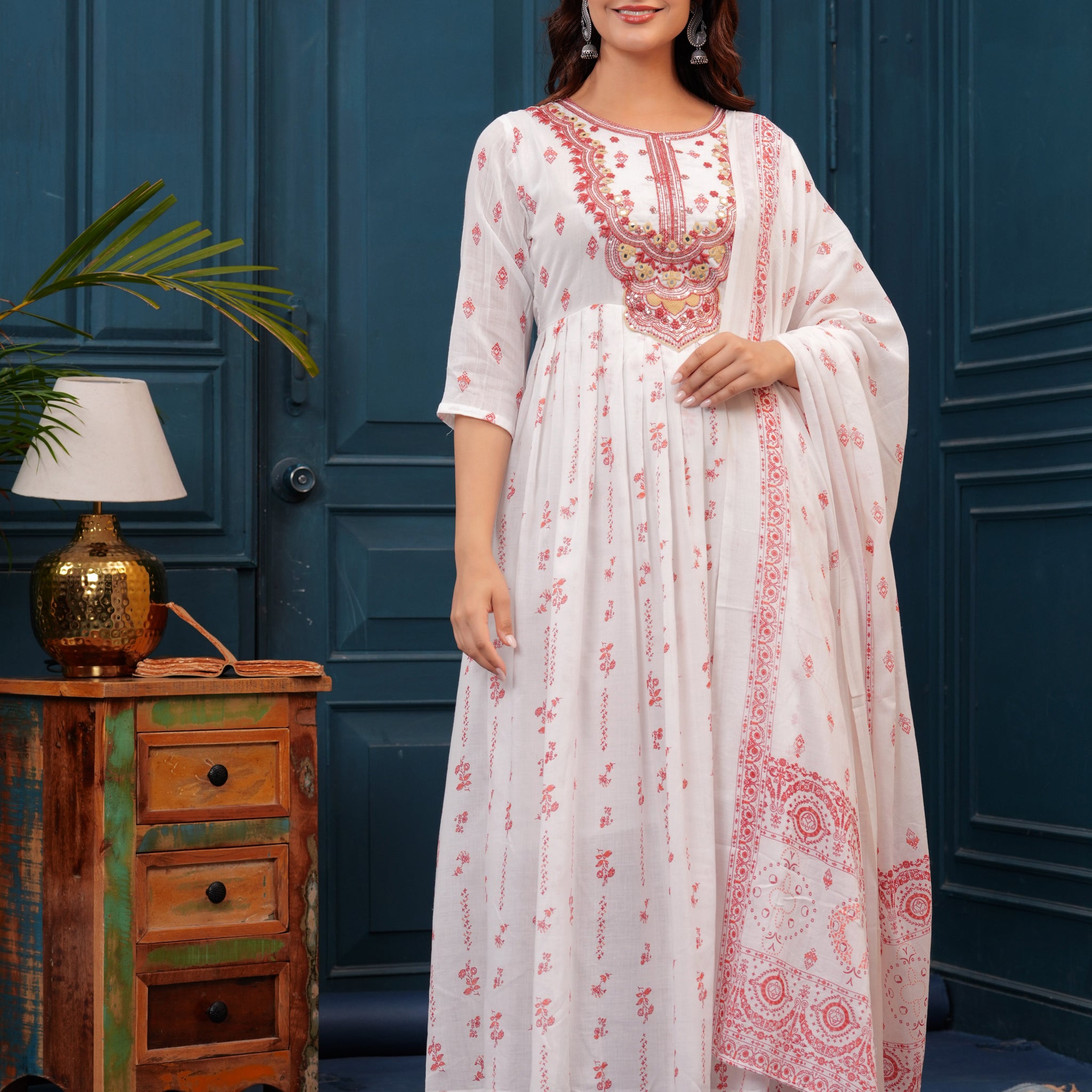 White Red Embroidered Mulmul Anarkali Gown with Dupatta