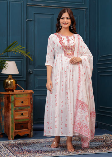 White Red Embroidered Mulmul Anarkali Gown with Dupatta