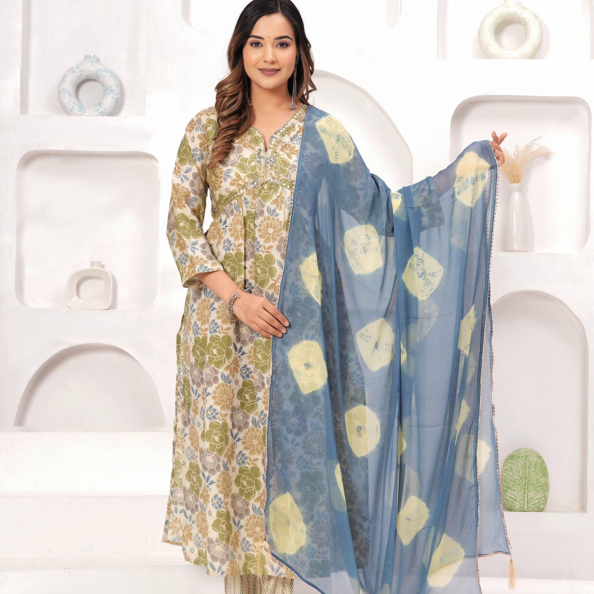 Floral Printed Muslin Alia Cut Suit Set with Slate Blue Chiffon Dupatta