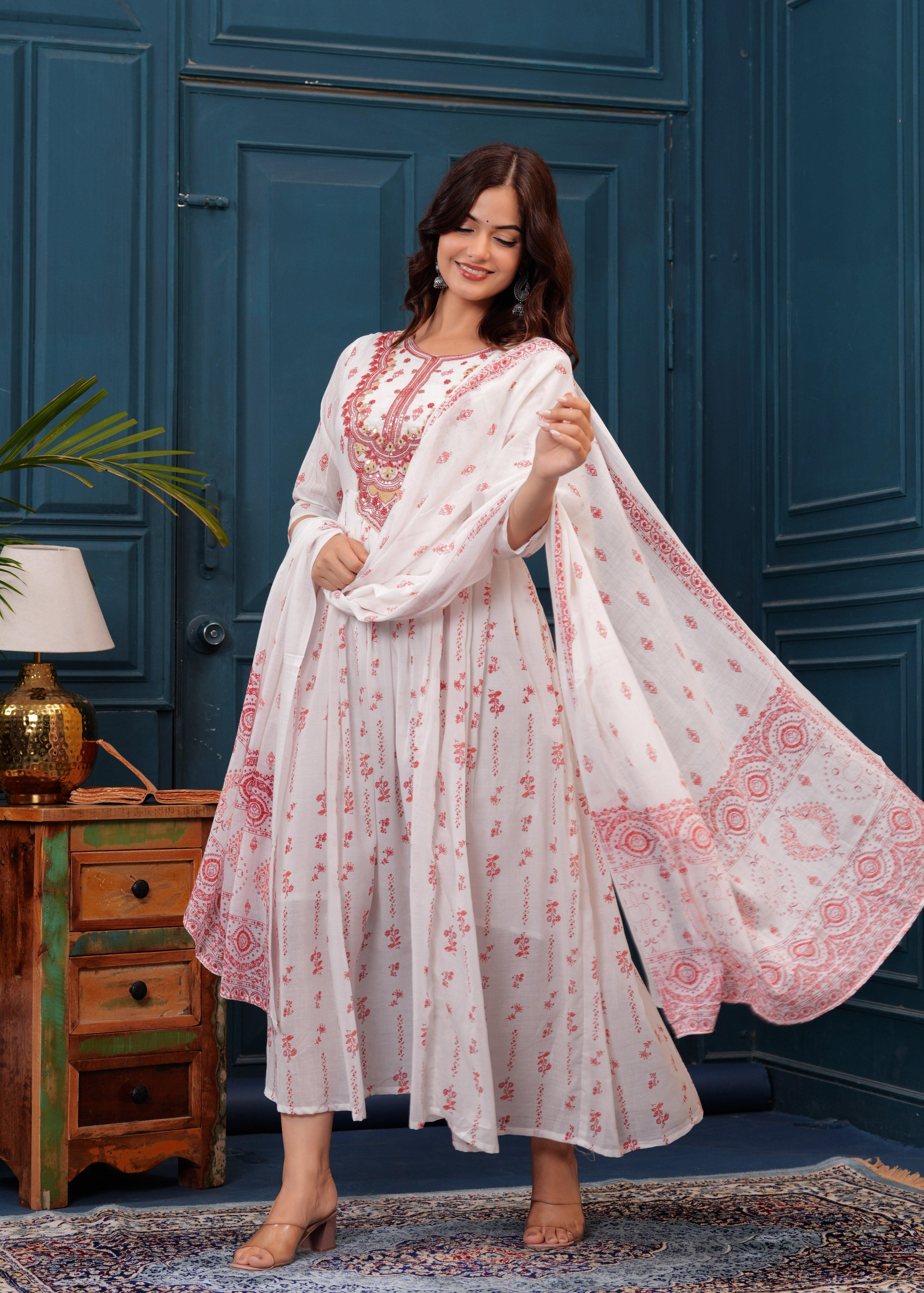 White Red Embroidered Mulmul Anarkali Gown with Dupatta