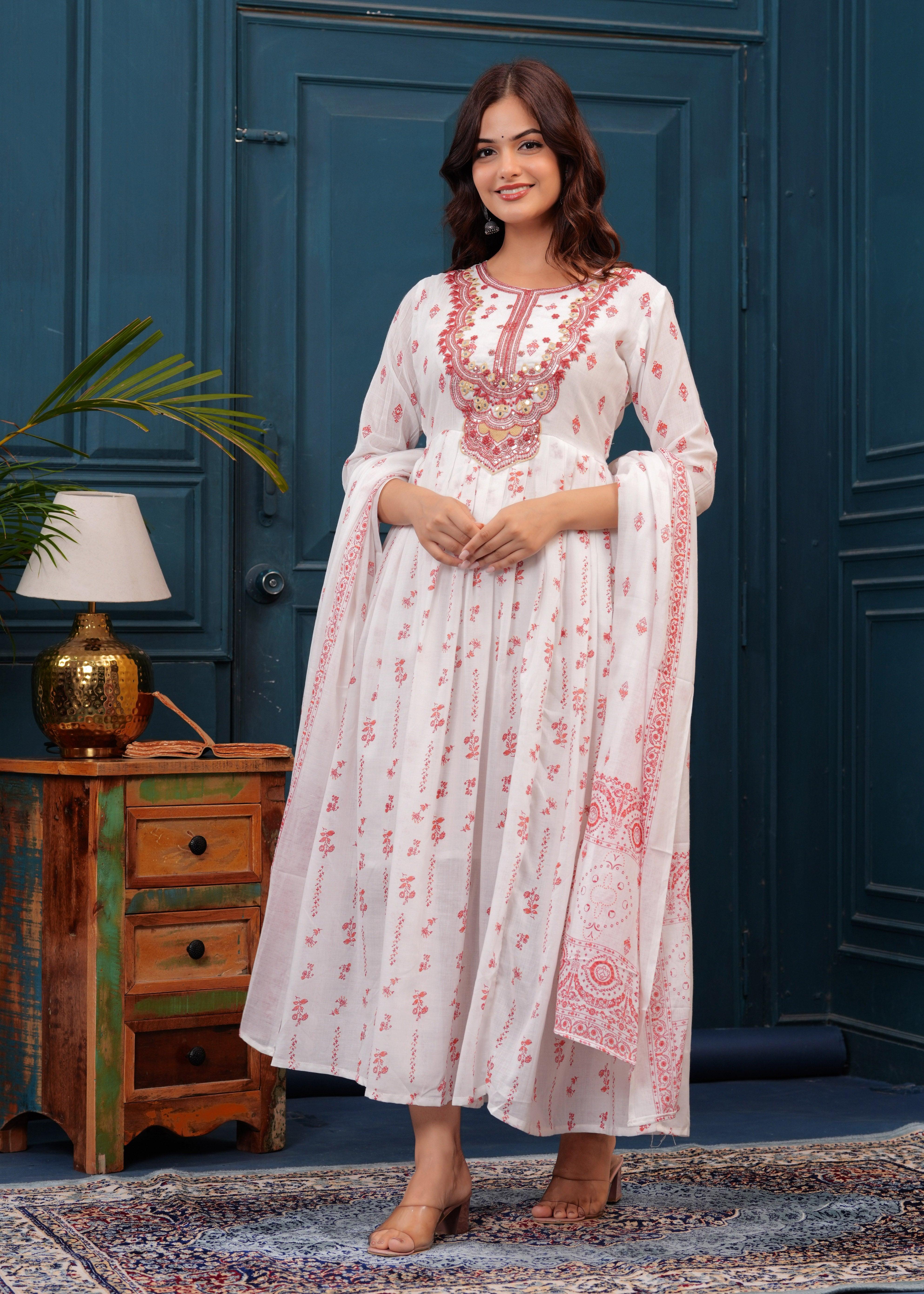 White Red Embroidered Mulmul Anarkali Gown with Dupatta