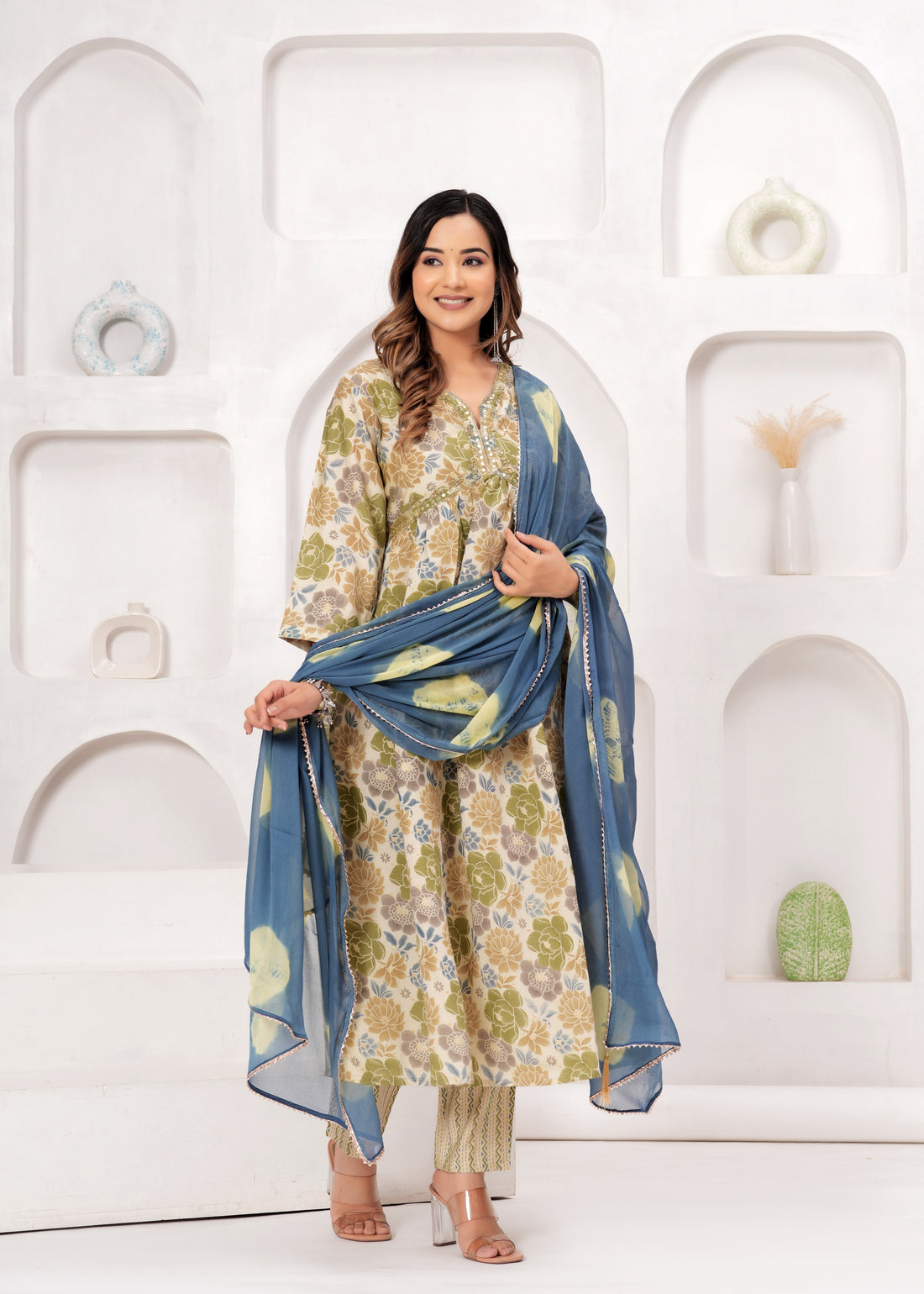 Floral Printed Muslin Alia Cut Suit Set with Slate Blue Chiffon Dupatta