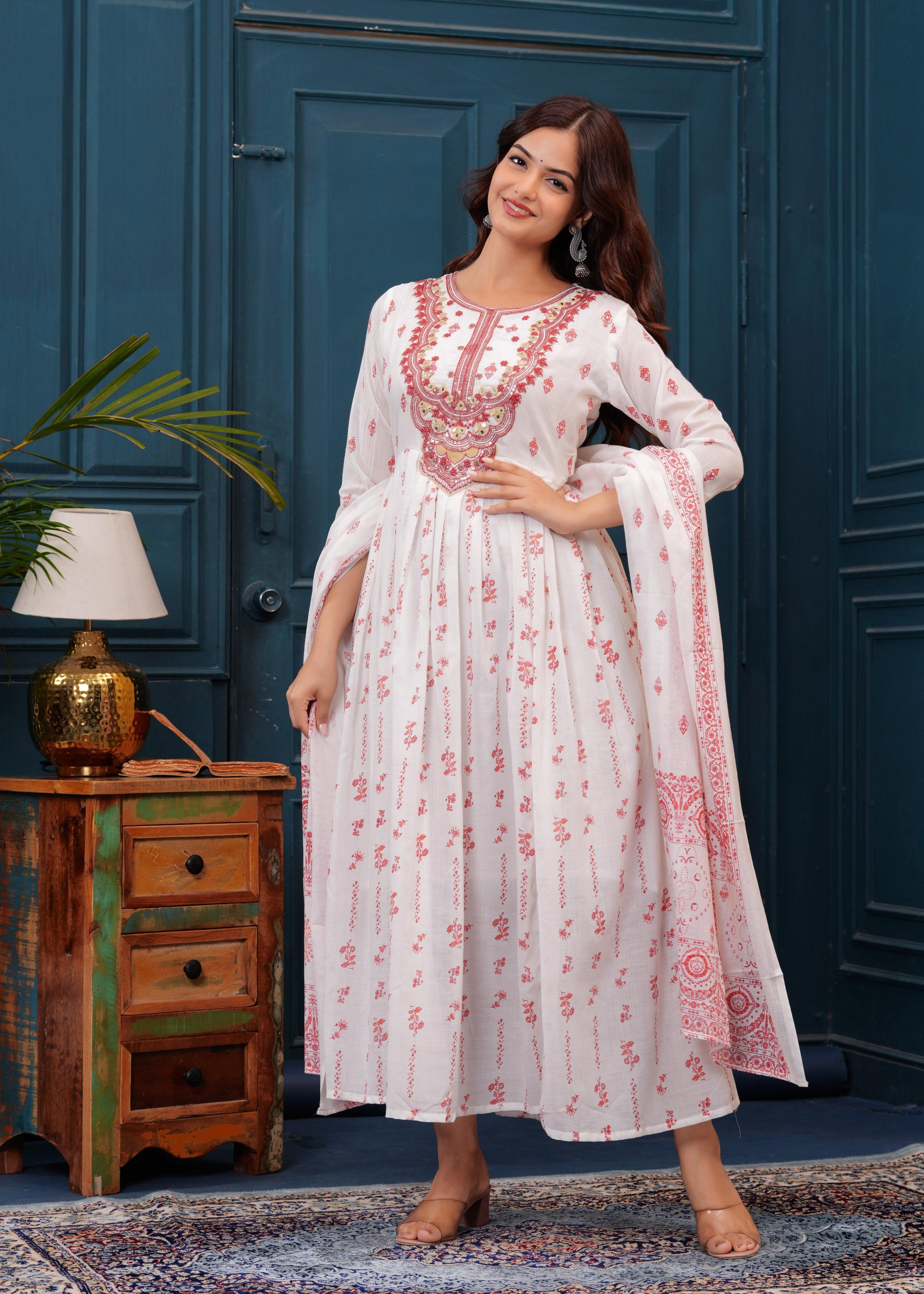 White Red Embroidered Mulmul Anarkali Gown with Dupatta