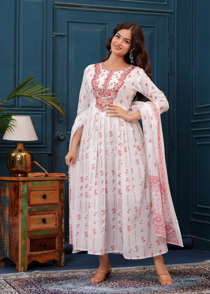 White Red Embroidered Mulmul Anarkali Gown with Dupatta